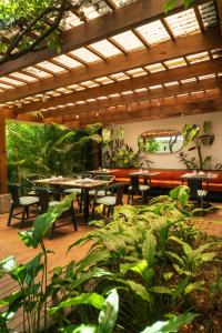 a patio with tables and chairs and plants at La Inmaculada Hotel in Guatemala