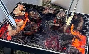 a grill with meat and vegetables cooking on it at 鹿野寒舍館 in Tottori