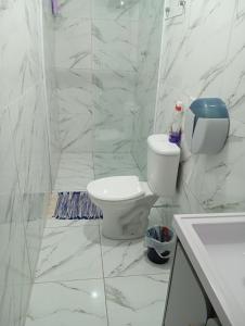 a white bathroom with a toilet and a sink at Pousada Hostel Brasil Gru in Guarulhos +2 photos