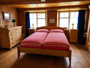 a bedroom with a bed and a dresser and windows at Revier Dorfidyll 1864 in Hätzingen