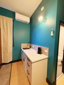 a bathroom with a sink and a blue wall at Georgie Accommodation in Auckland