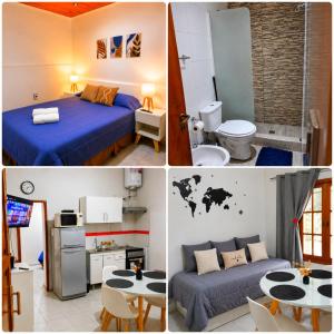 four pictures of a room with a bed and a kitchen at Departamento en el Centro de Mendoza, Parking Gratis, Check-in Autónomo in Mendoza