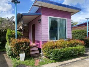 a pink house with a window and some bushes at D&Dโฮม@เขาค้อ in Khao Kho