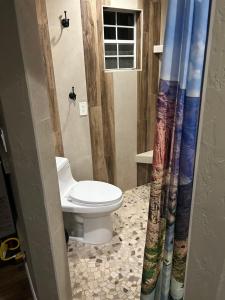 a bathroom with a toilet and a shower curtain at Grand Canyon tiny homes in Williams