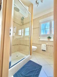 a bathroom with a shower and a blue rug at l'Echappée belle Le Duplex 10 min "Europa Park" in Rhinau +40 photos
