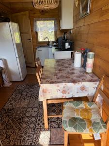 a kitchen with a table and chairs and a refrigerator at Orla polana in Gorczyca