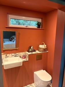a bathroom with a sink and a toilet and a mirror at Park Cottage cabin in Bix
