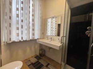a bathroom with a sink and a toilet and a mirror at Casa Mane in Avezzano