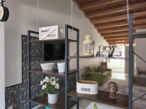 a living room with shelves with flowers in them at THE KING'S LOFT Loft del Rè Sebi in Villasmundo