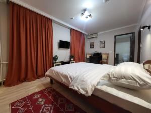 a bedroom with a large bed and a red curtain at CryptoHotel Park in Almaty