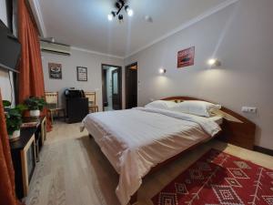 a bedroom with a large bed and a television at CryptoHotel Park in Almaty