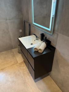a bathroom with a sink and a mirror at Lara Prime in Zepkow +4 photos