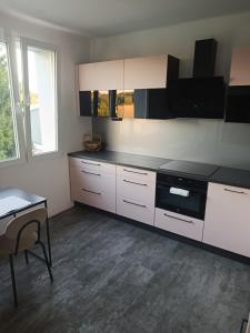 a kitchen with white cabinets and a black counter top at Apartmán Zdislava in Česká Ves