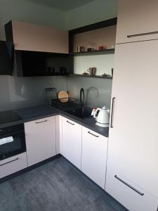 a kitchen with white cabinets and a white refrigerator at Apartmán Zdislava in Česká Ves