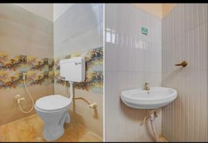two pictures of a bathroom with a toilet and a sink at Hotel Shepherds in Bīdar