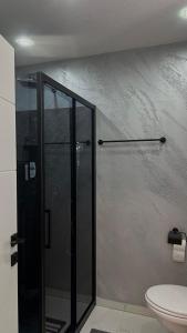 a bathroom with a shower and a toilet at Apartman Dzo in Modriča +8 photos