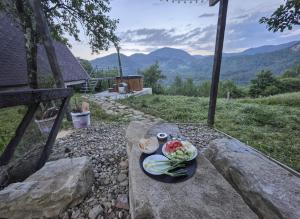 a plate of food sitting on a stone bench at Casuța din Colți in Colţi