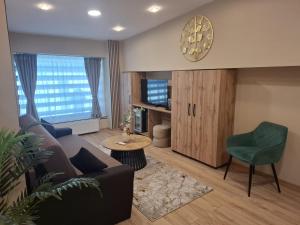 a living room with a couch and a table at Hotel Darina Select in Târgu-Mureş
