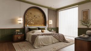 a bedroom with a bed and a large window at Pristine Living at Tokyo Riverside PIK2 in Muara