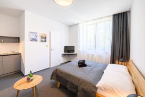 a bedroom with a bed and a table and a television at Vila Matliare in Tatranská Lomnica