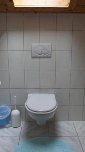 a bathroom with a white toilet in a room at Bavaria in Seeg