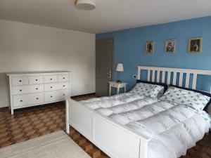 a bedroom with a white bed and a blue wall at Civico 18 in Caposotto