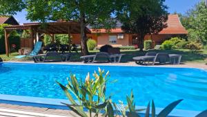 a swimming pool with chairs and a gazebo at Diófa Vendégházak in Tiszafüred