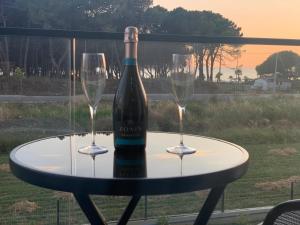 a bottle of wine sitting on a table with two glasses at Vila Élysée in Spille +32 photos