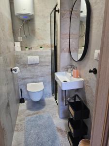 a bathroom with a sink and a toilet and a mirror at Summer in Mandre in Mandre +44 photos