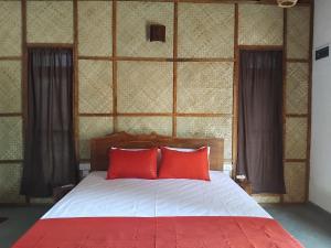 a bed with two red pillows in a room at Nesan’s villa in Trincomalee