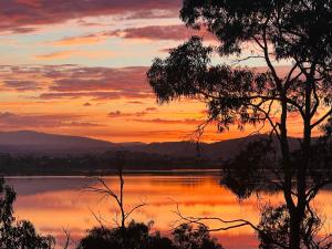 a sunset over a lake with trees in the foreground at Your SHACK by the water in Sorell