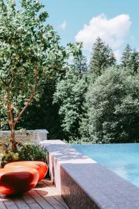 a pool with two orange chairs next to a retaining wall at SEEBICHL Adults Only Designhotel lake - pool & dine in Kitzbühel