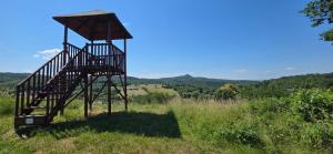 a wooden staircase in a field of grass at Határ Motel in Somoskőújfalu