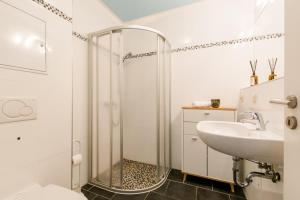 a bathroom with a shower and a sink at Haus Leuchtfeuer/Eagle in Warnemünde +19 photos