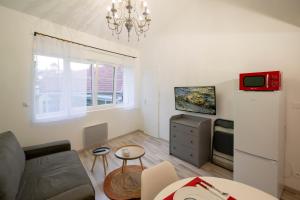a living room with a couch and a tv at Studio mezzanine "chaumiane" proche de la gare in Issoire