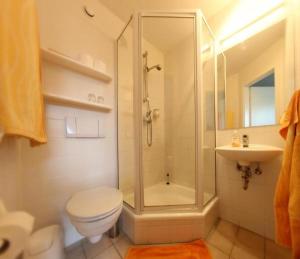 a bathroom with a shower and a toilet and a sink at Landhaus Martens in Bresewitz +123 photos