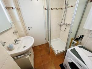 a bathroom with a sink and a shower and a washing machine at Ferienhaus Streuwiese in Warnemünde +12 photos