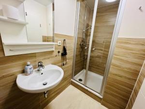 a bathroom with a sink and a shower at Haus Juliane, Lichtblick in Warnemünde +7 photos