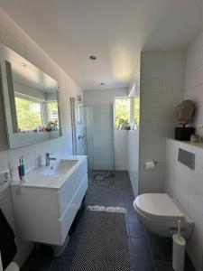 a white bathroom with a sink and a toilet at Moderne enebolig, sentralt in Oslo +6 photos