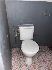 a bathroom with a white toilet in a gray wall at LE Triomphe in Antsiranana