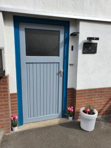 a door of a house with two potted plants at klein aber fein in Freudenthal