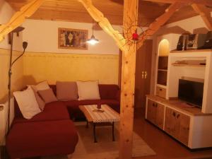 ein Wohnzimmer mit einem Sofa und einem TV in der Unterkunft Bauernhof Berndlhof Obing in Obing