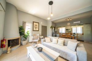 a living room with a couch and a fireplace at Villa Malenia in Argostoli