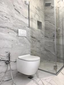 a bathroom with a toilet and a glass shower at Hotel Fineso in Budva