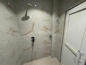 a bathroom with a shower with a stone wall at Hotel Skyline in Janakpur