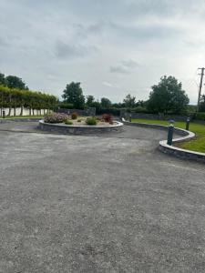 a parking lot with flowers and a ferris wheel in the background at The River Nook in Termonbarry