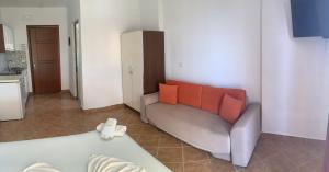 a living room with a couch with red pillows at Erjani Hotel in Velipojë +13 photos