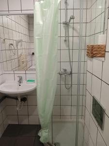 a shower with a sink and a shower curtain in a bathroom at апартамент Хармония in Gotse Delchev