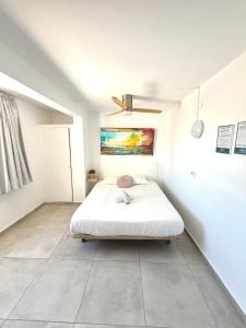 a white bedroom with a bed and a ceiling fan at Cisne By Nest Hostel in San Antonio +62 photos