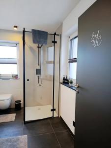 a bathroom with a shower and a toilet and a door at Kapellenblick Auszeit mit Ausblick in Heroldstatt +33 photos